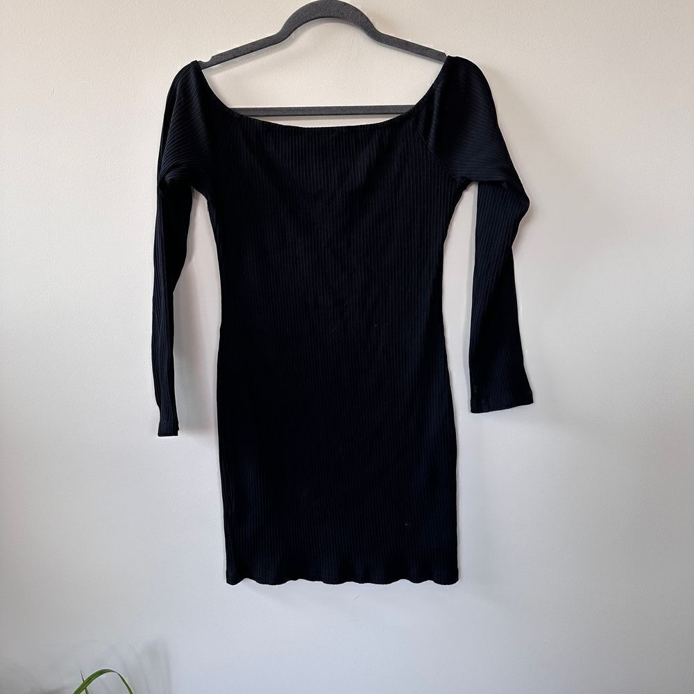 Lunik Women's Black Ribbed Bodycon Off Shoulder Button Down Long Sleeve Dress L - Picture 6 of 12